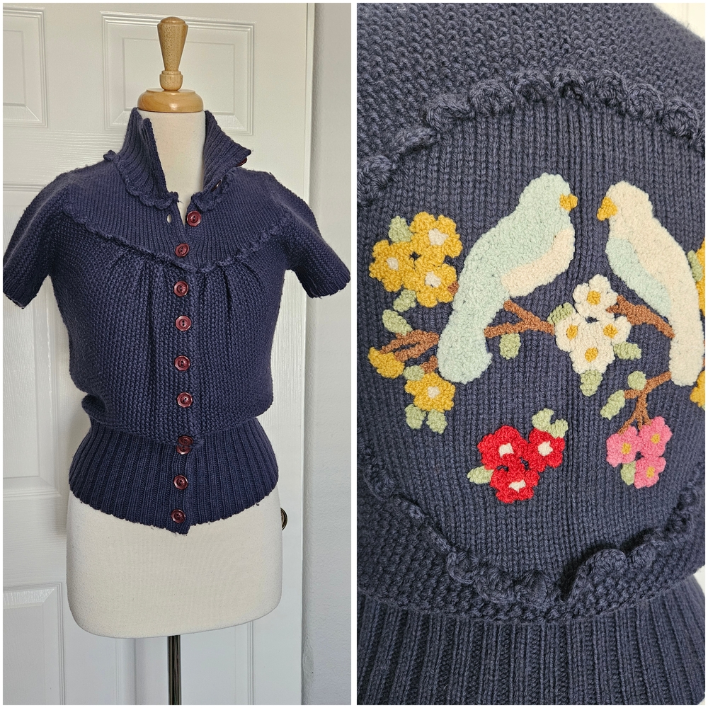Vintage Blue Women's Short Sleeve Sweater with Crewel Work Embroidered Birds